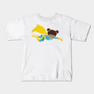 African American Girl, Superhero Girl, Yellow Cape Kids T-Shirt